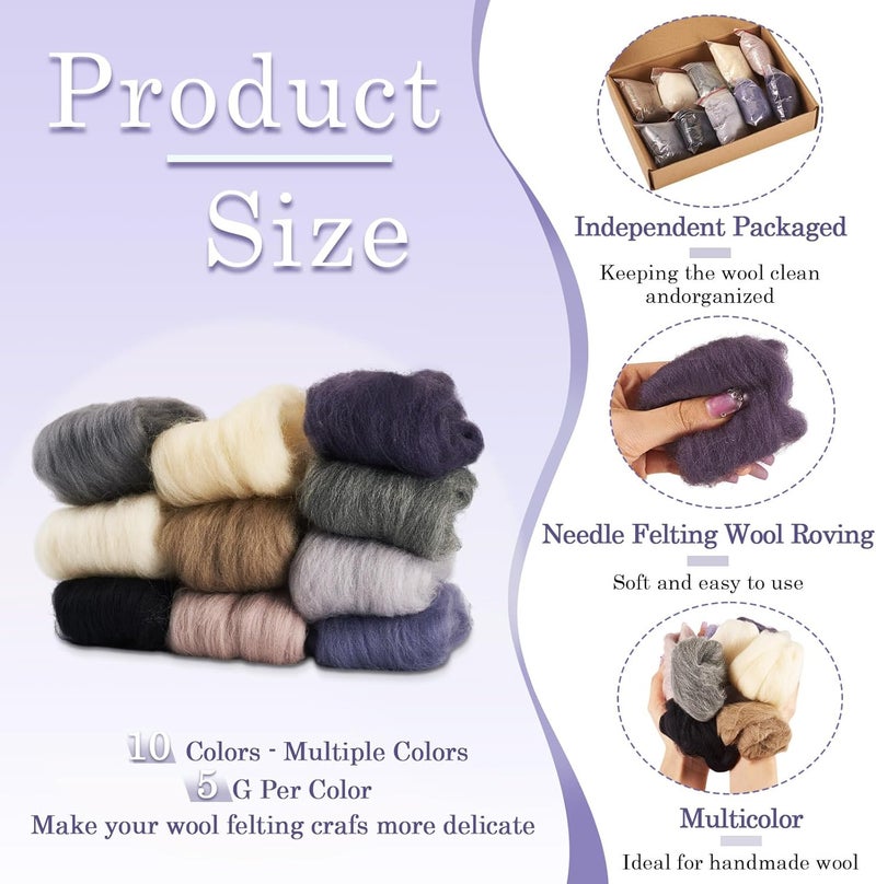 Boutigem 10 Colors 50G Black White Gray Needle Felting Wool Roving, DIY Craft Spinning Wool Roving for Needle Felting, Chunky Handmade Fibre Yarn for Beginners DIY Hand Spinning, Weaving and Blending - Image 3
